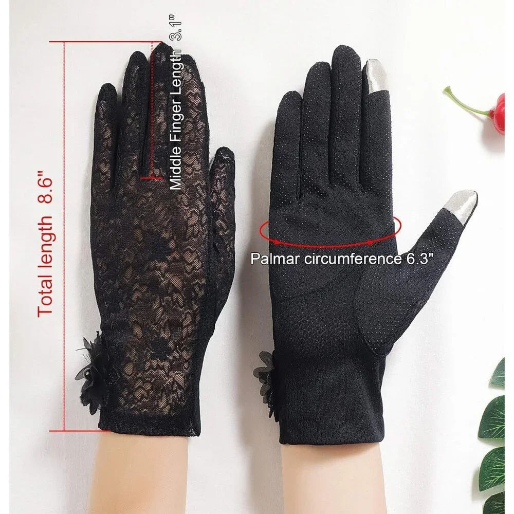 Women's Flower Black Floral Embroider Lace Gloves Summer Sun Protection